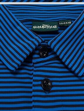 Chervo Sport Italian Golf Shirt Royal & Black Striped Men's Size 46 Or XXL